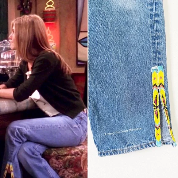 Exceptionally Rare 90s Vintage Upcycled Beaded Jeans ASO Rachel Green in Friends - Picture 4 of 15